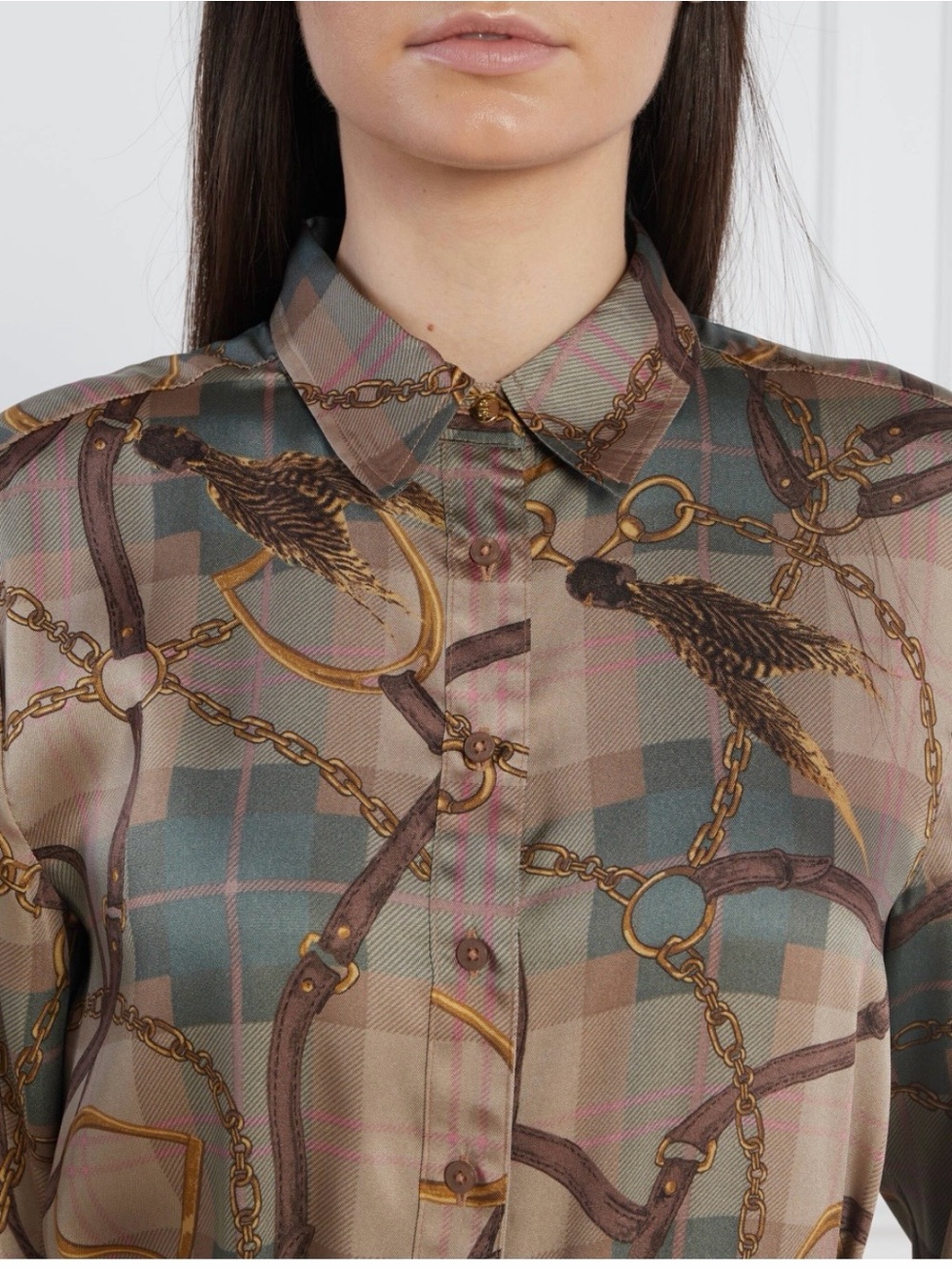 Lauren Ralph Lauren Plaid Chain-Print Blouse in Taupe and Gold